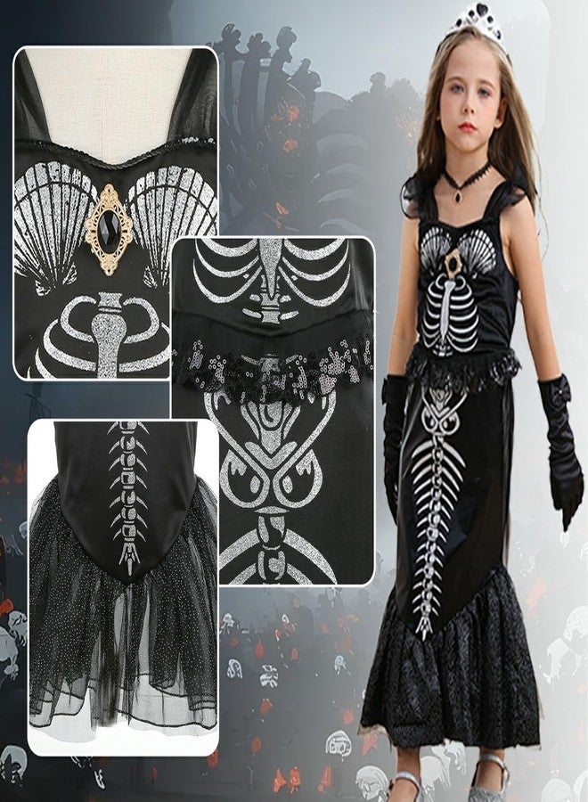Luzlen Girls Mermaid Skeleton Costume Kids Ariel Princess Black Dress Halloween Cosplay Outfits with Accessories, 4-5T(Tag 120) - Image 5